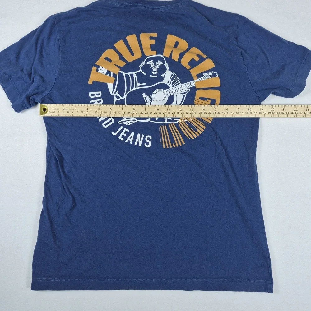 True Religion Brand Jeans T Shirt Men's Medium Blue Orange Buddha Graphic Tee